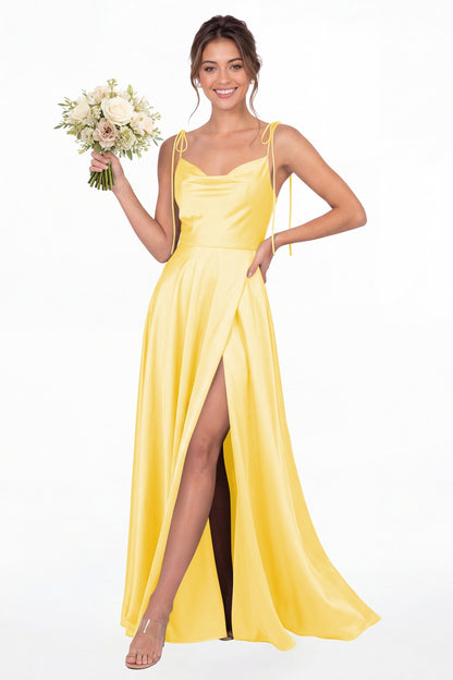 Yellow Cowl Neck Satin Slit Bridesmaid Maxi Dress - Front View