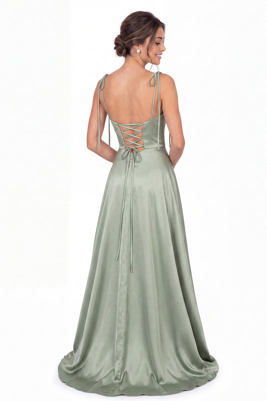 Black Cowl Neck Satin Slit Bridesmaid Maxi Dress - Front View