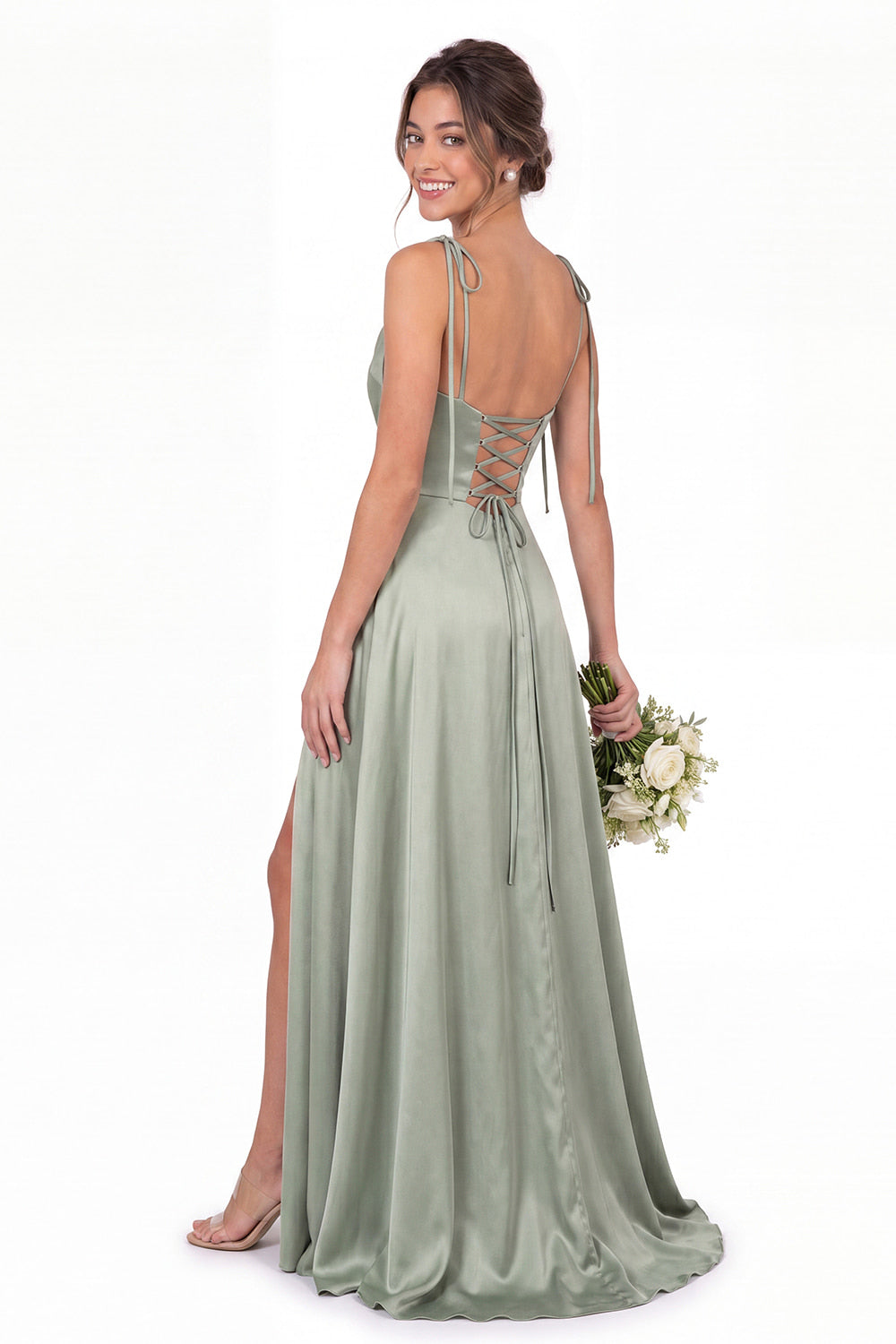 Cowl Neck Satin Slit Bridesmaid Maxi Dress - Detail View 2