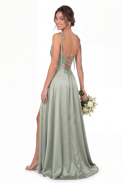 Cowl Neck Satin Slit Bridesmaid Maxi Dress - Detail View 2