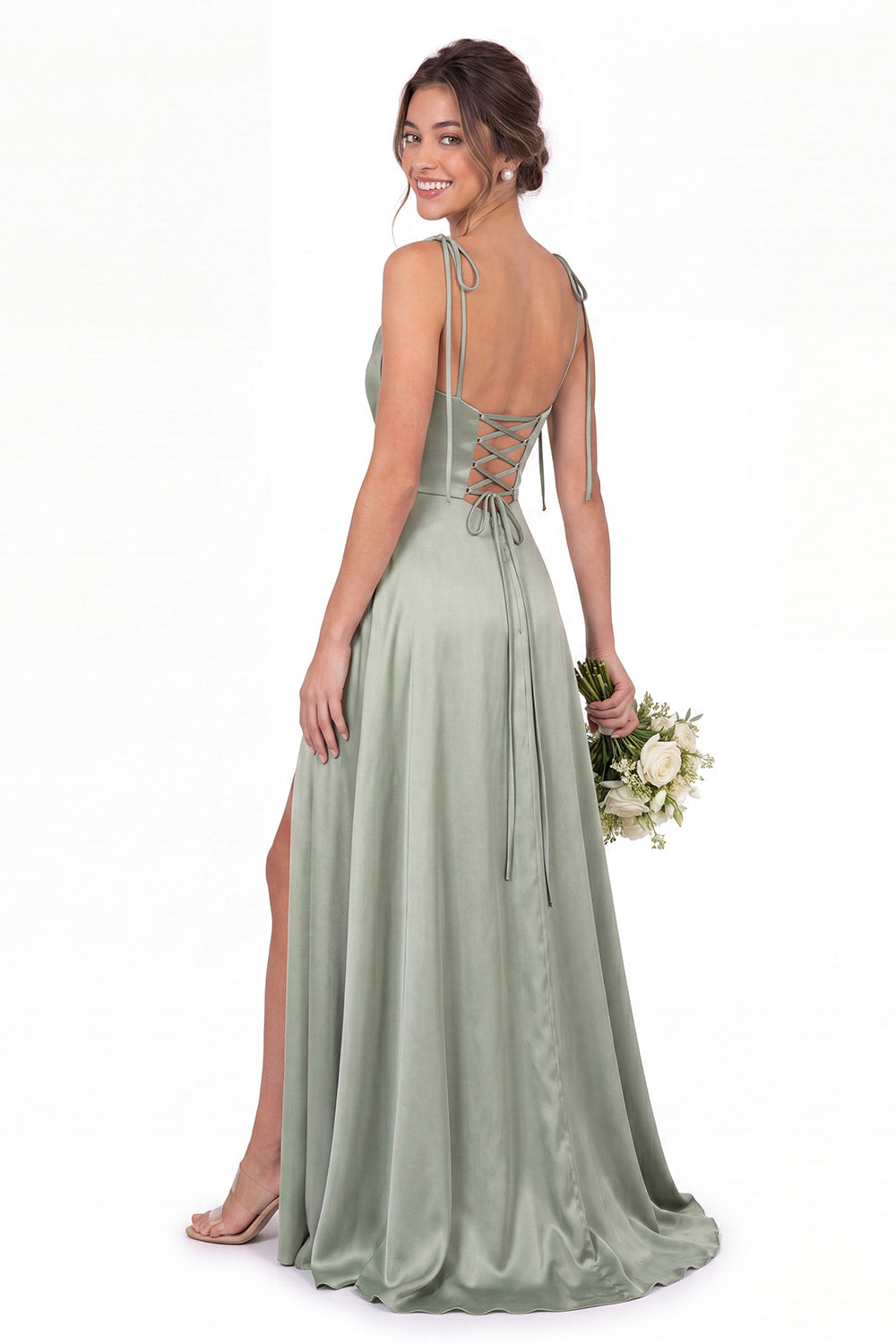 Cowl Neck Satin Slit Bridesmaid Maxi Dress - Detail View 2
