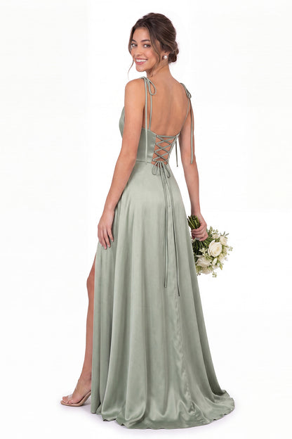Cowl Neck Satin Slit Bridesmaid Maxi Dress - Detail View 2