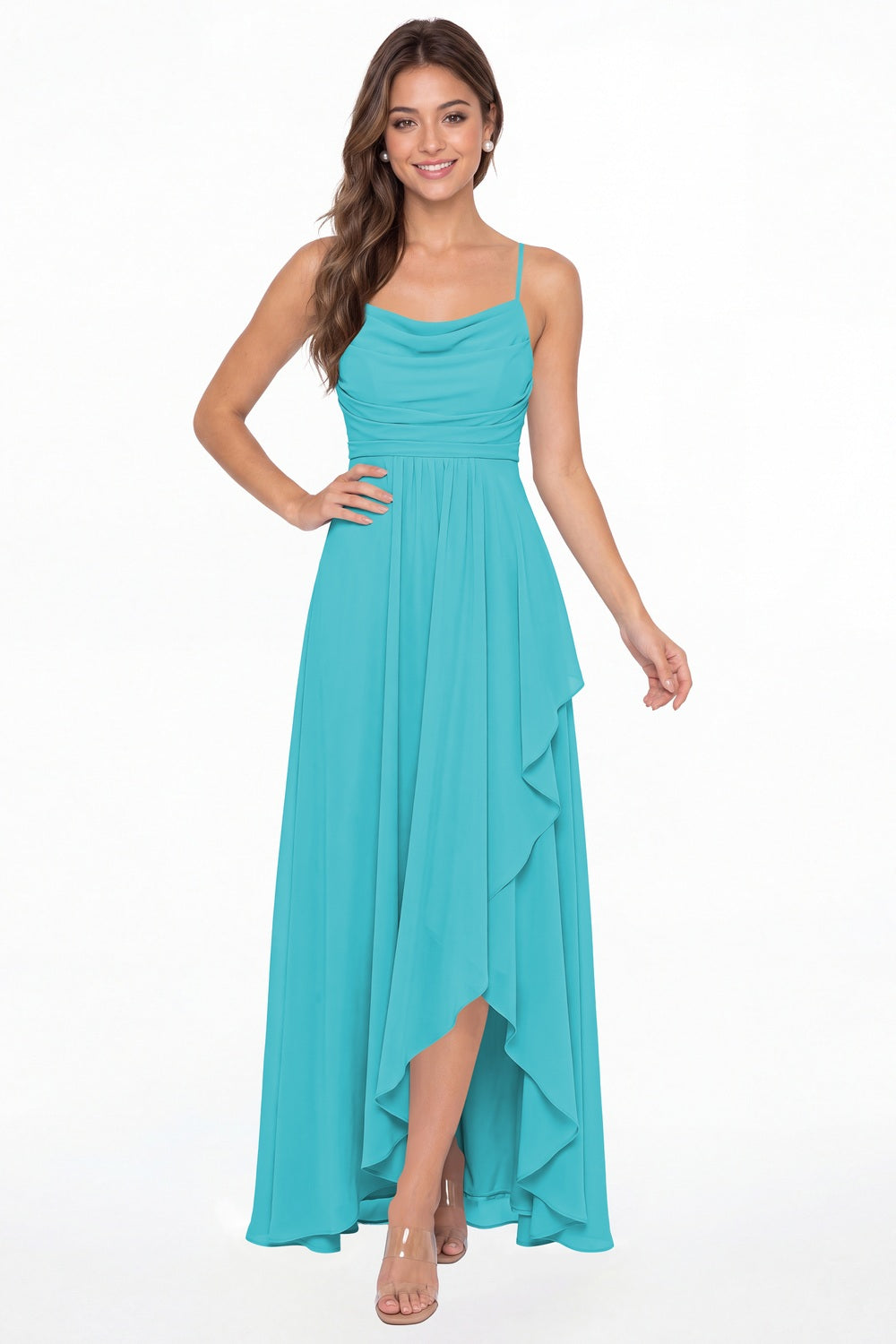 Aqua Blue Cowl Neck Chiffon High Low Bridesmaid Dress - Front View