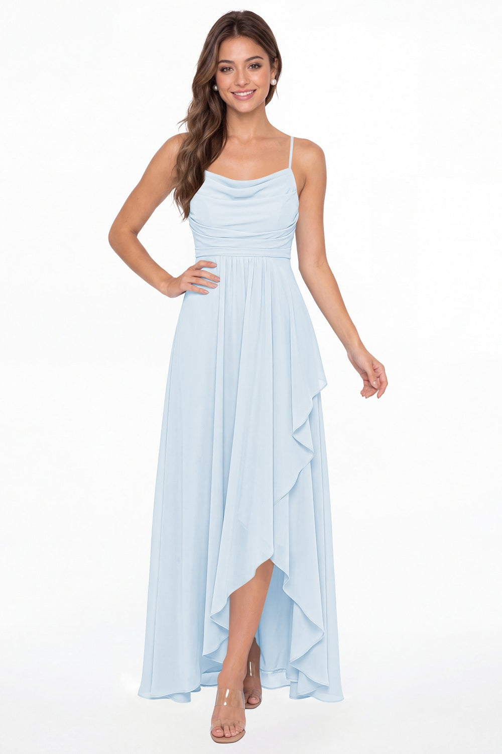 Baby Blue Cowl Neck Chiffon High Low Bridesmaid Dress - Front View