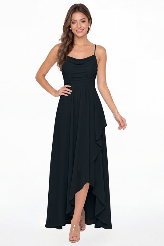 Black Cowl Neck Chiffon High Low Bridesmaid Dress - Front View