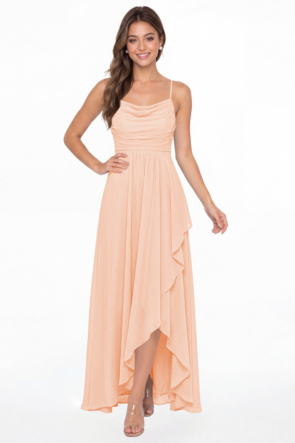 Blush Pink Cowl Neck Chiffon High Low Bridesmaid Dress - Front View