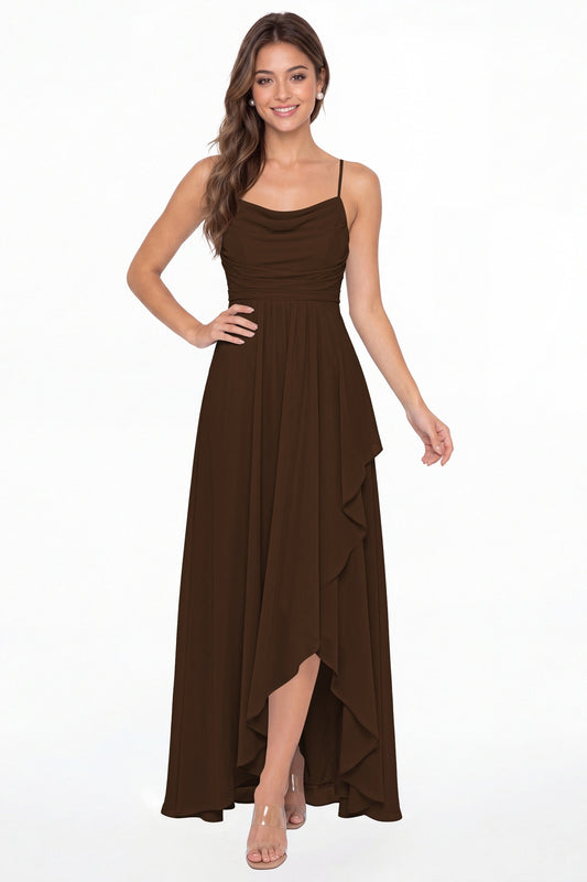 Brown Cowl Neck Chiffon High Low Bridesmaid Dress - Front View