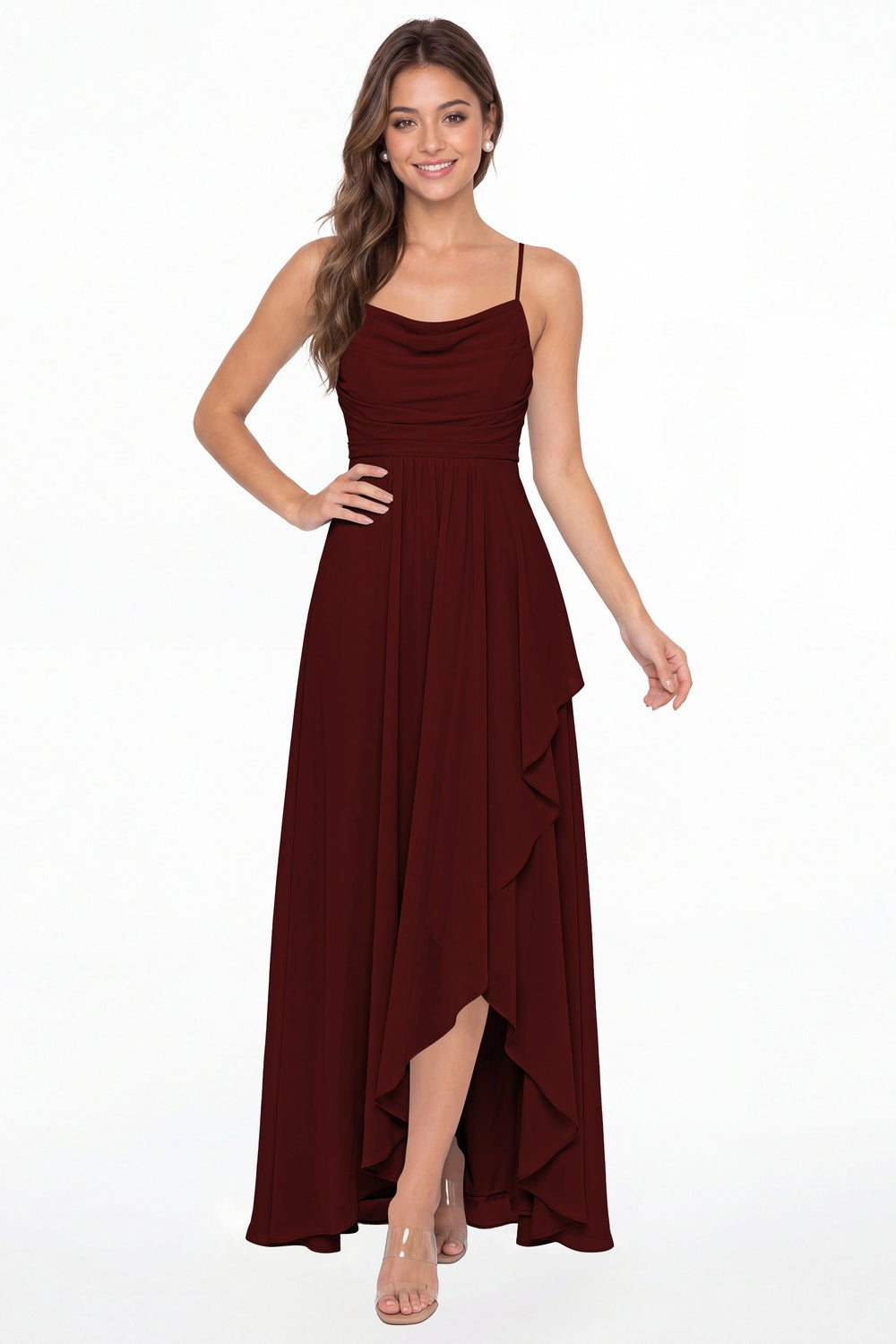 Burgundy Cowl Neck Chiffon High Low Bridesmaid Dress - Front View
