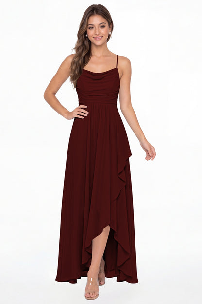 Burgundy Cowl Neck Chiffon High Low Bridesmaid Dress - Front View