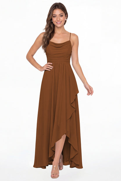 Burnt Orange Cowl Neck Chiffon High Low Bridesmaid Dress - Front View