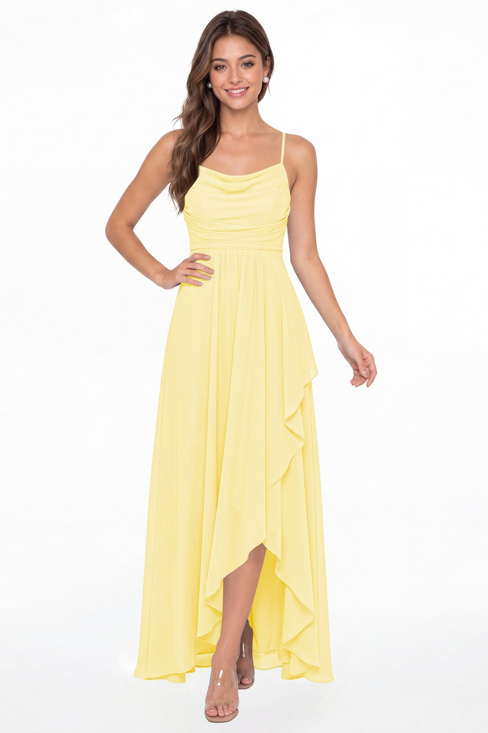 Butter Yellow Cowl Neck Chiffon High Low Bridesmaid Dress - Front View