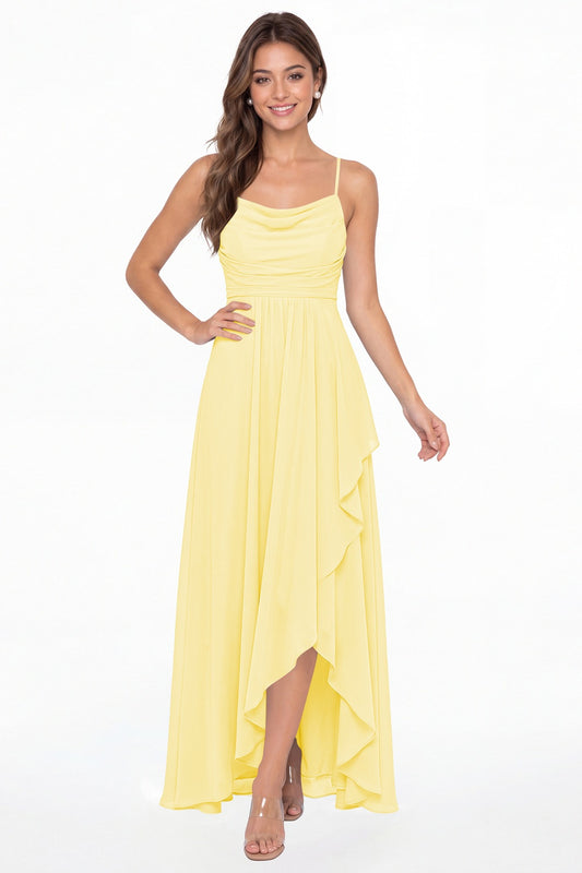 Butter Yellow Cowl Neck Chiffon High Low Bridesmaid Dress - Front View