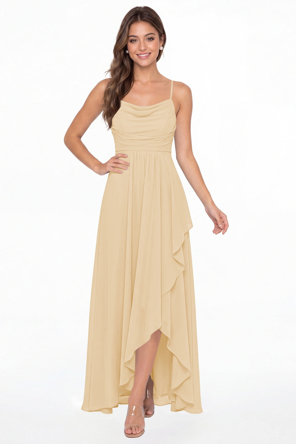Champagne Cowl Neck Chiffon High Low Bridesmaid Dress - Front View
