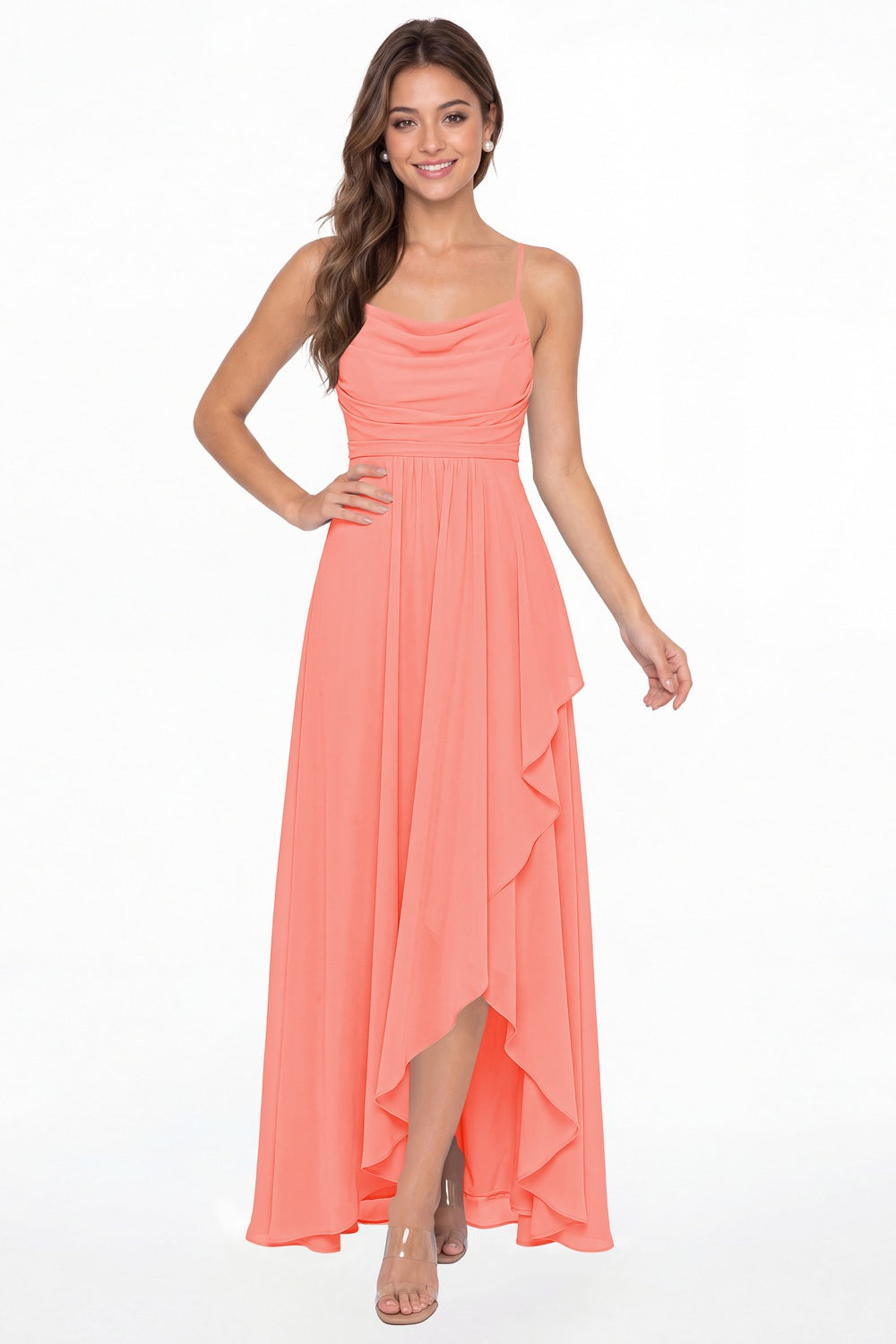 Coral Cowl Neck Chiffon High Low Bridesmaid Dress - Front View