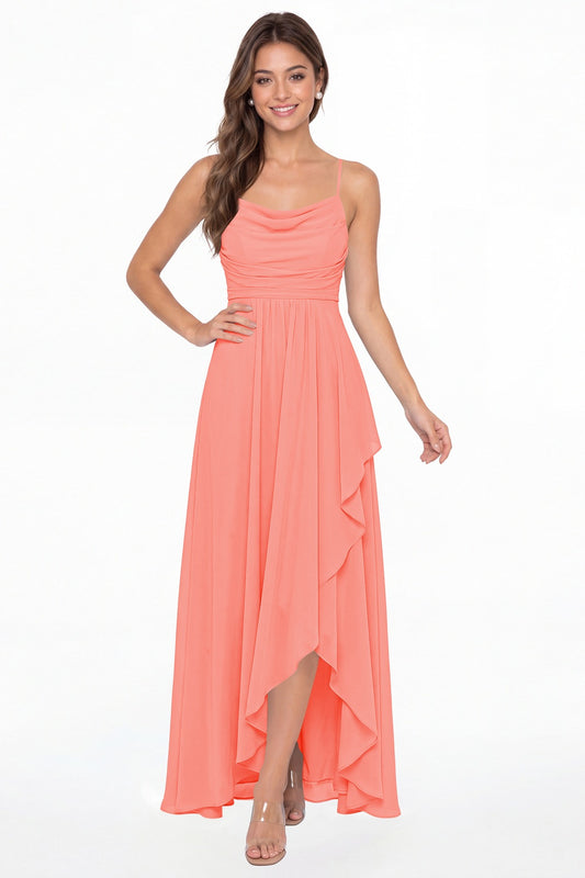 Coral Cowl Neck Chiffon High Low Bridesmaid Dress - Front View