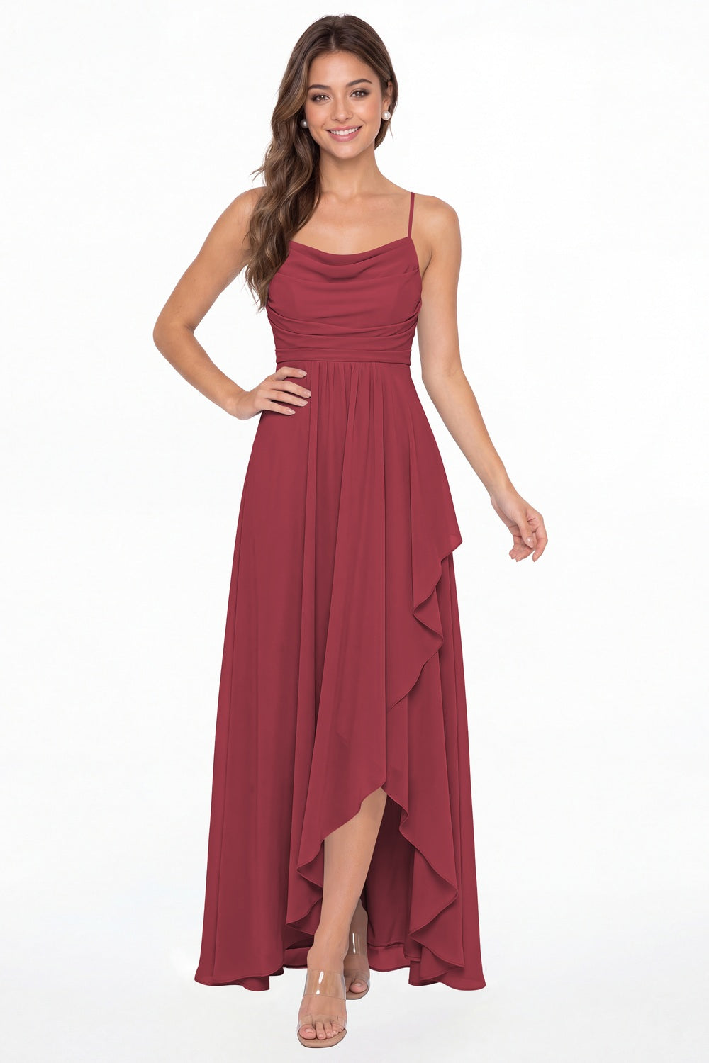 Desert Rose Cowl Neck Chiffon High Low Bridesmaid Dress - Front View