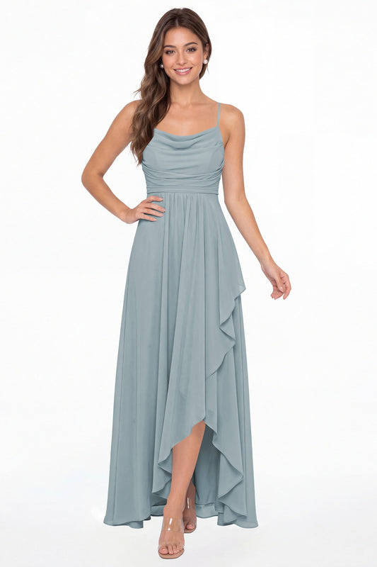 Dusty Blue Cowl Neck Chiffon High Low Bridesmaid Dress - Front View