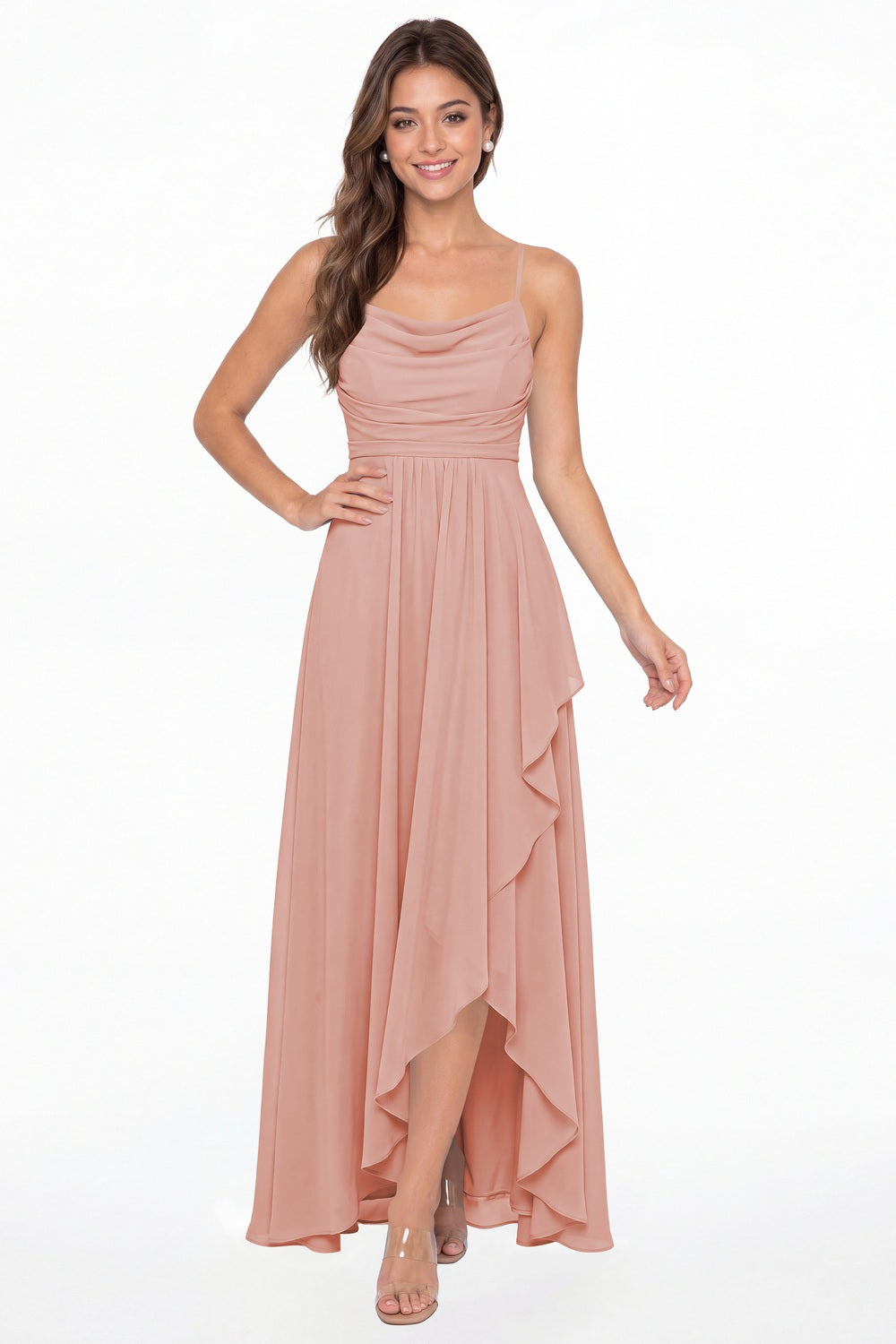 Dusty Rose Cowl Neck Chiffon High Low Bridesmaid Dress - Front View
