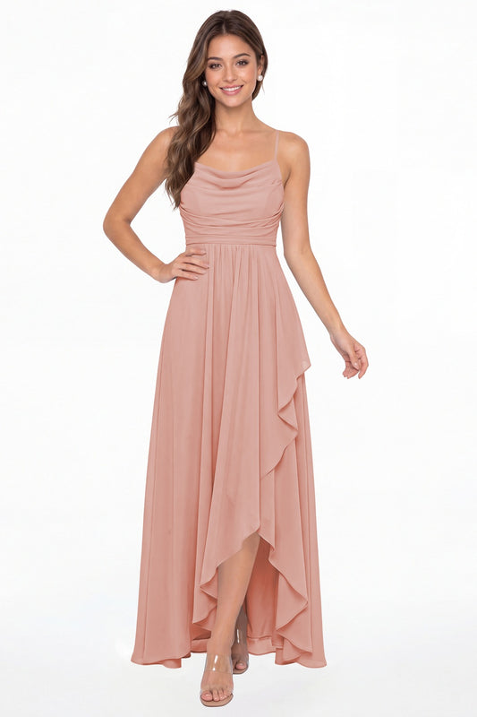 Dusty Rose Cowl Neck Chiffon High Low Bridesmaid Dress - Front View
