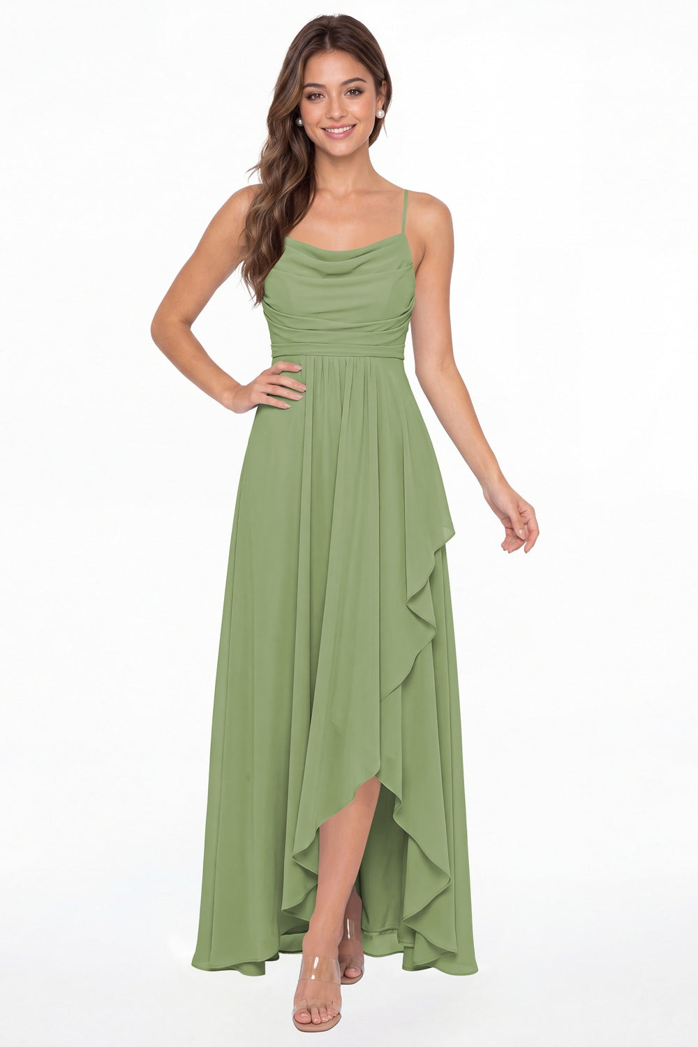 Dusty Sage Cowl Neck Chiffon High Low Bridesmaid Dress - Front View