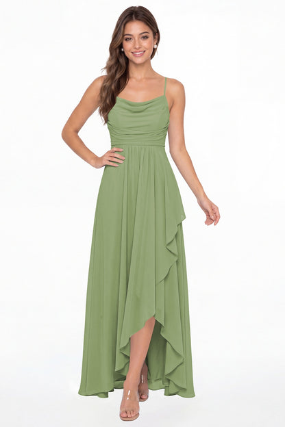 Dusty Sage Cowl Neck Chiffon High Low Bridesmaid Dress - Front View