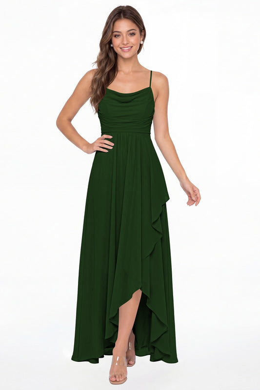 Emerald Green Cowl Neck Chiffon High Low Bridesmaid Dress - Front View