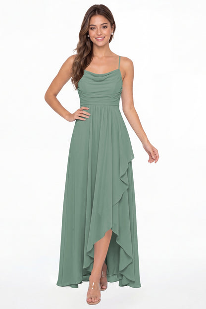 Eucalyptus Cowl Neck Chiffon High Low Bridesmaid Dress - Front View
