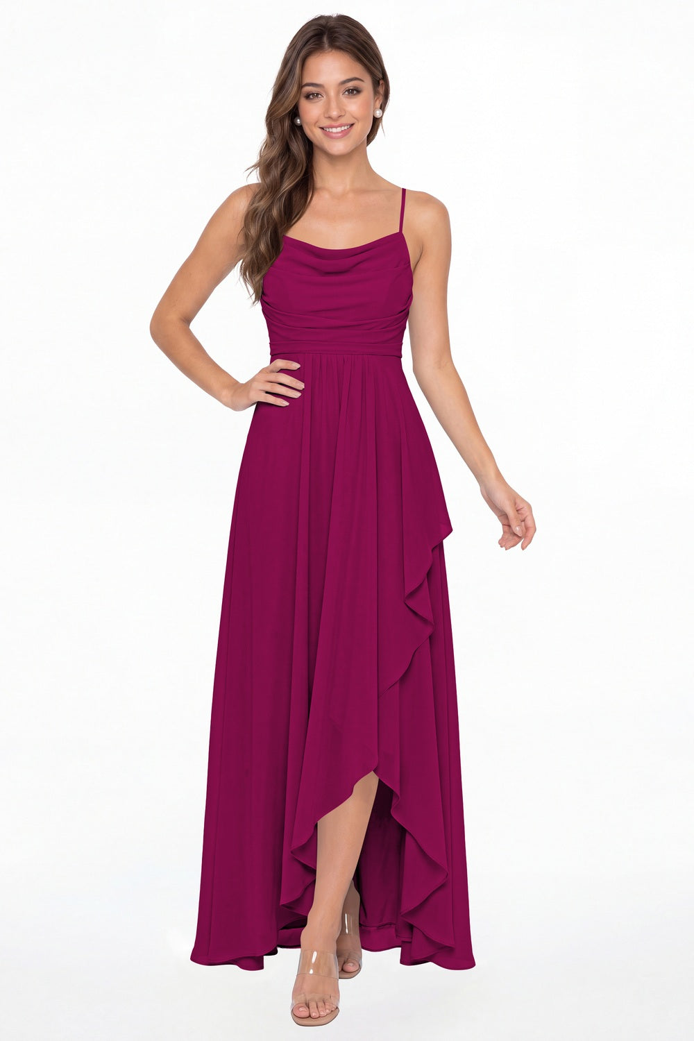 Fuchsia Cowl Neck Chiffon High Low Bridesmaid Dress - Front View