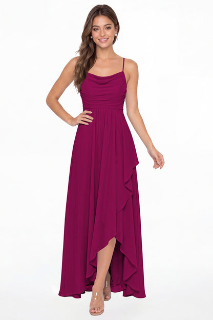 Fuchsia Cowl Neck Chiffon High Low Bridesmaid Dress - Front View