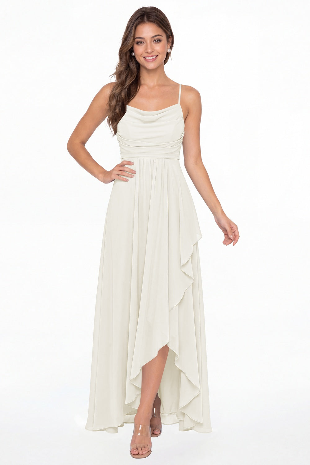 Ivory Cowl Neck Chiffon High Low Bridesmaid Dress - Front View