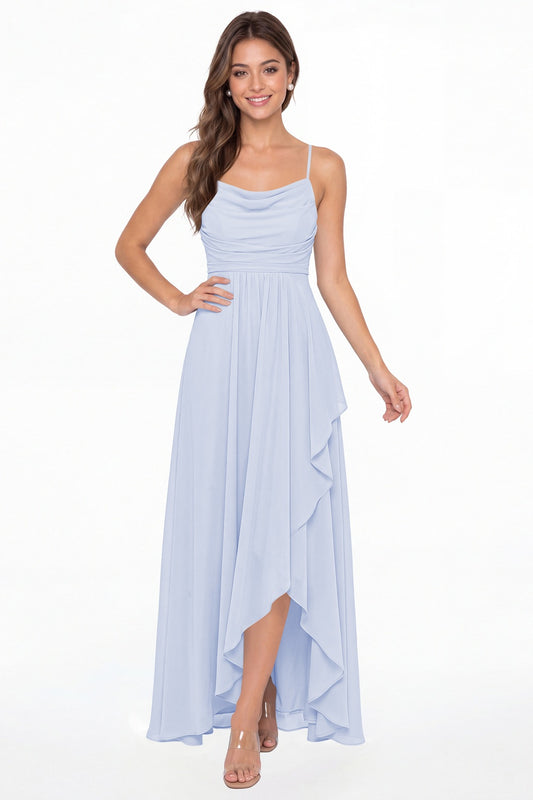 Lavender Cowl Neck Chiffon High Low Bridesmaid Dress - Front View