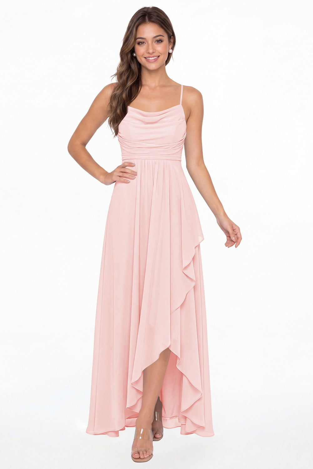 Light Pink Cowl Neck Chiffon High Low Bridesmaid Dress - Front View