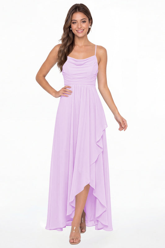 Lilac Cowl Neck Chiffon High Low Bridesmaid Dress - Front View