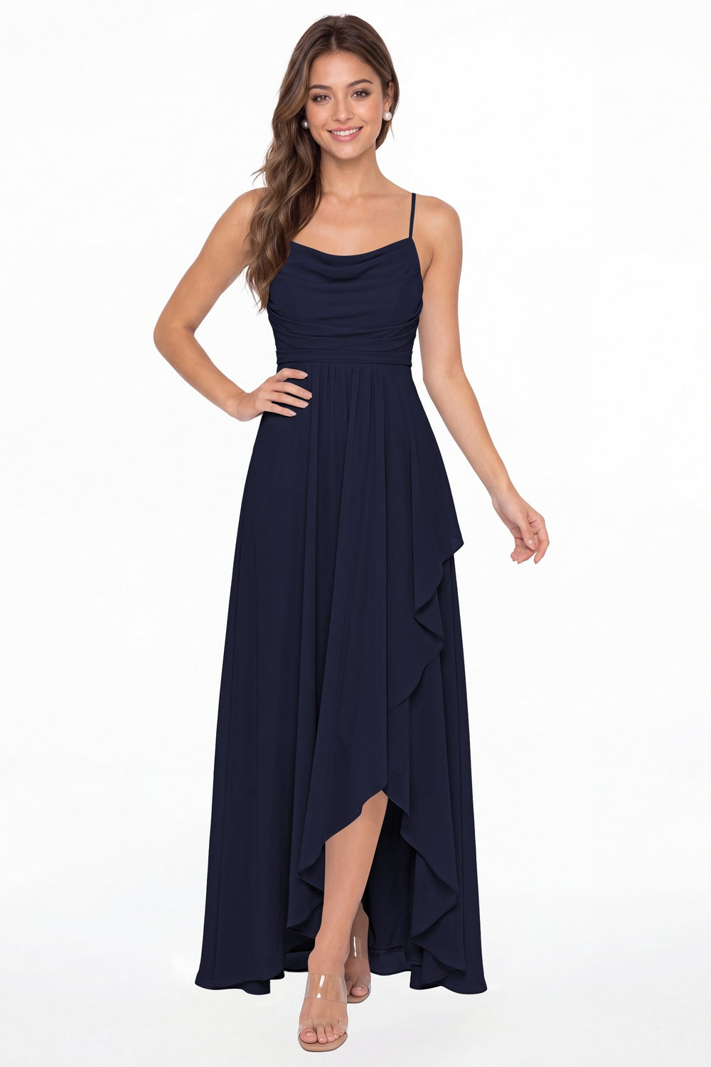Navy Blue Cowl Neck Chiffon High Low Bridesmaid Dress - Front View