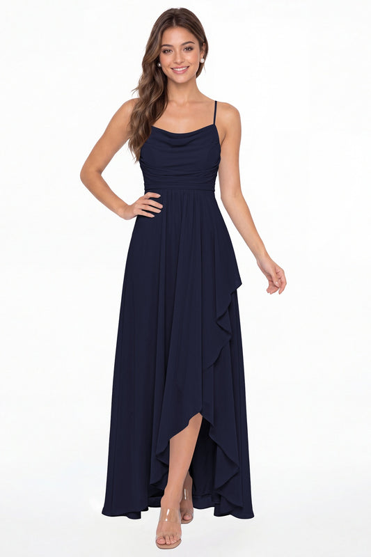 Navy Blue Cowl Neck Chiffon High Low Bridesmaid Dress - Front View