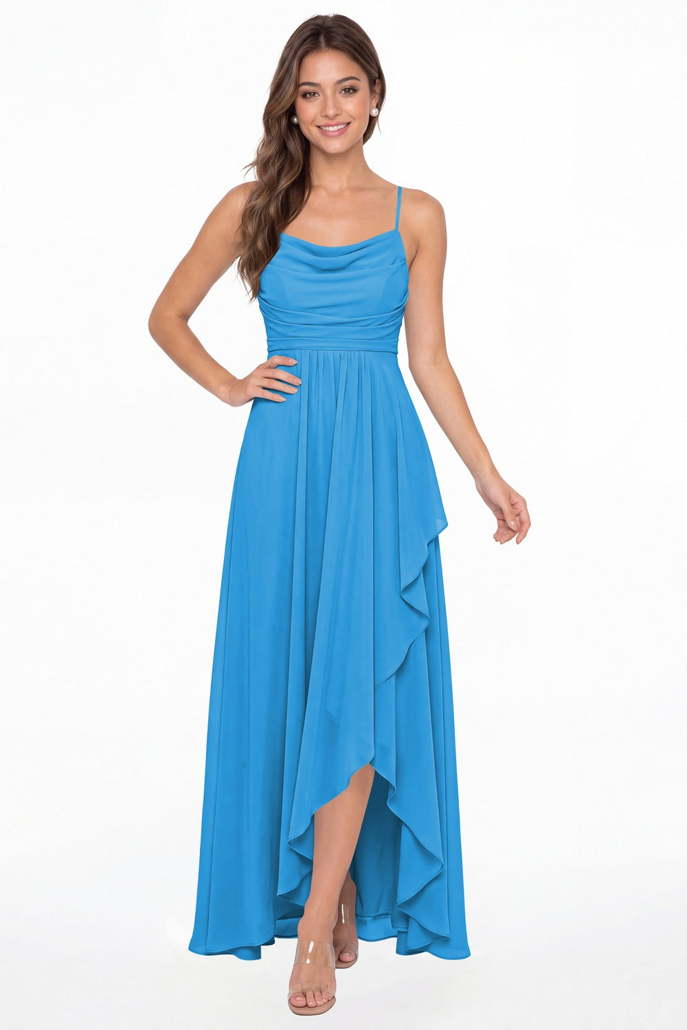 Ocean Blue Cowl Neck Chiffon High Low Bridesmaid Dress - Front View
