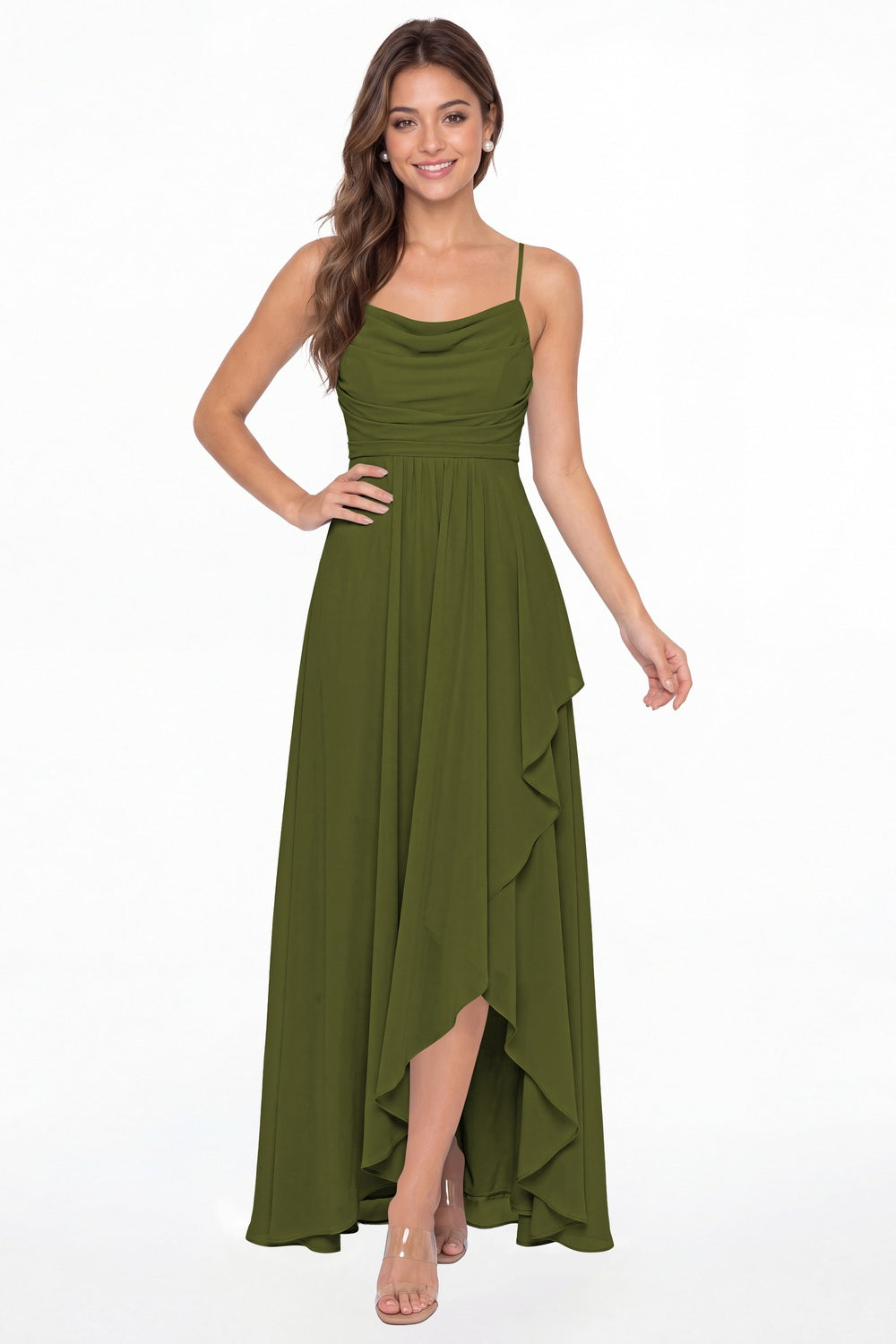 Olive Green Cowl Neck Chiffon High Low Bridesmaid Dress - Front View