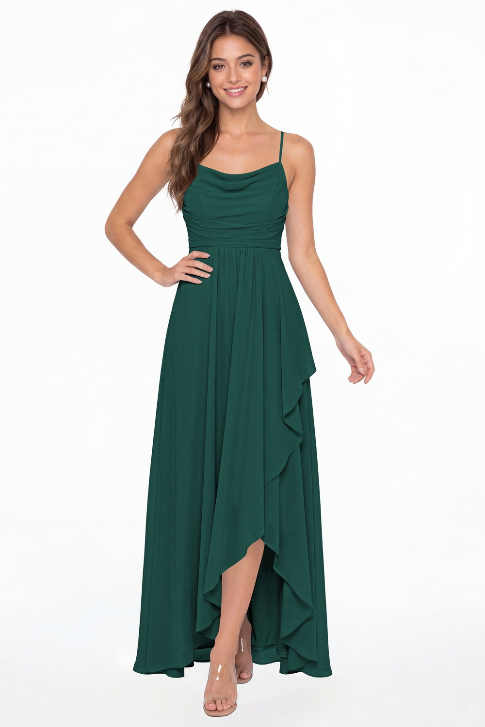 Peacock Cowl Neck Chiffon High Low Bridesmaid Dress - Front View