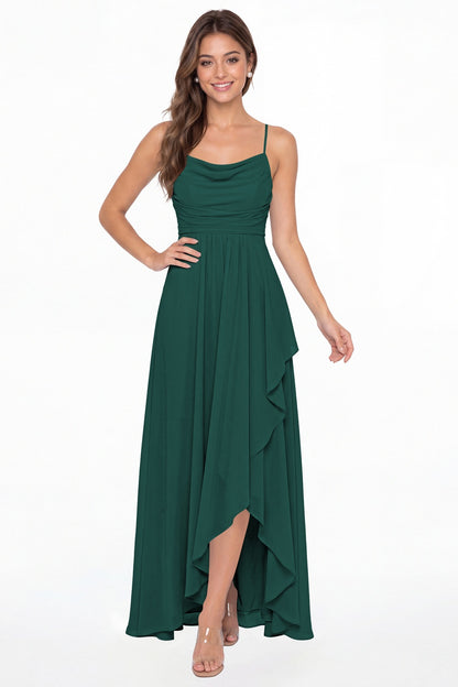Peacock Cowl Neck Chiffon High Low Bridesmaid Dress - Front View