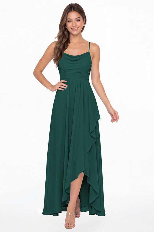 Peacock Cowl Neck Chiffon High Low Bridesmaid Dress - Front View