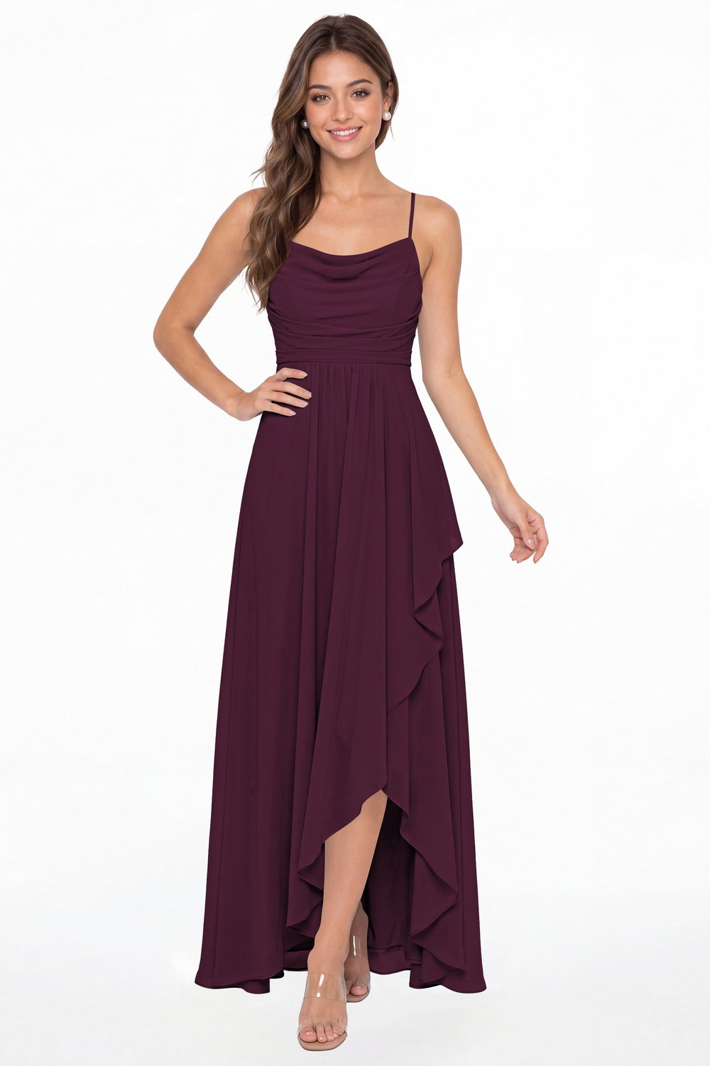 Plum Cowl Neck Chiffon High Low Bridesmaid Dress - Front View