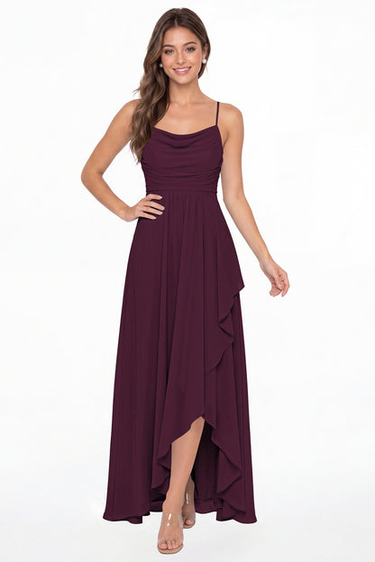 Plum Cowl Neck Chiffon High Low Bridesmaid Dress - Front View