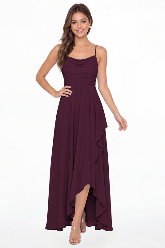 Plum Cowl Neck Chiffon High Low Bridesmaid Dress - Front View