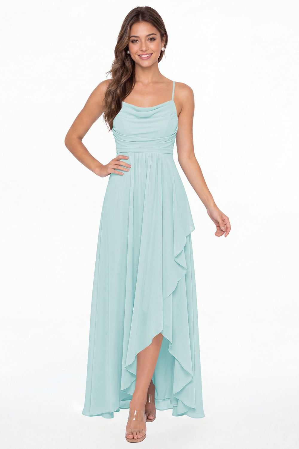 Powder Blue Cowl Neck Chiffon High Low Bridesmaid Dress - Front View