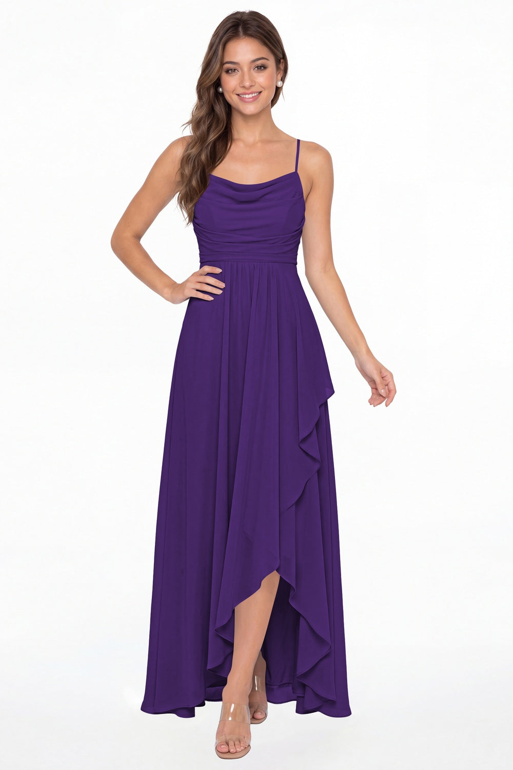 Purple Cowl Neck Chiffon High Low Bridesmaid Dress - Front View