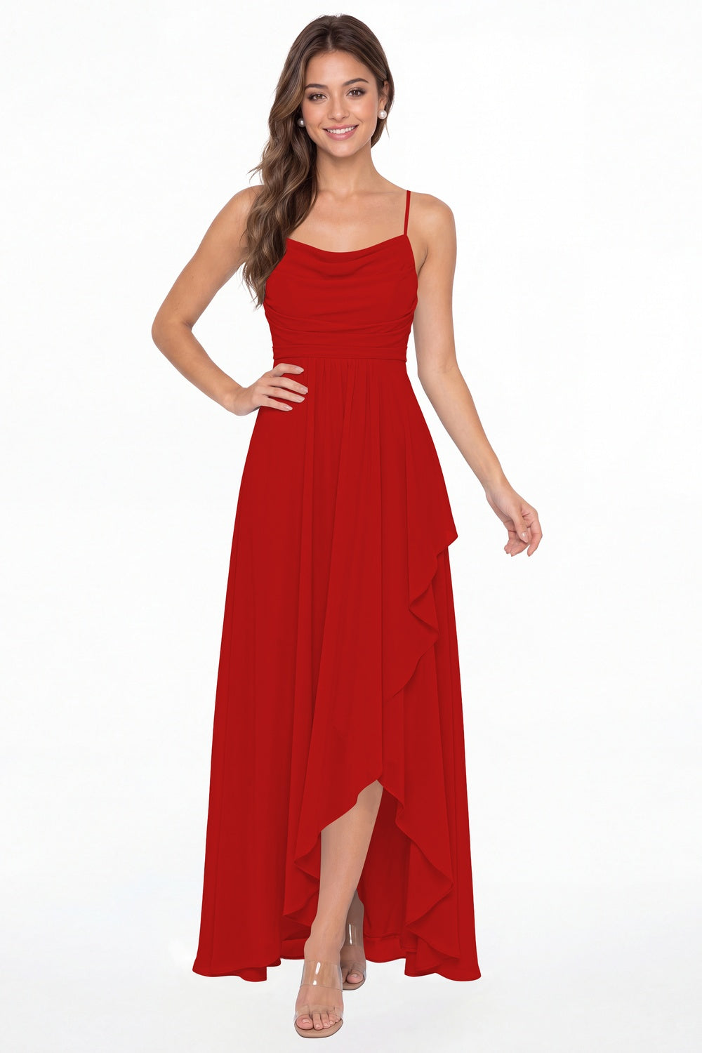 Red Cowl Neck Chiffon High Low Bridesmaid Dress - Front View