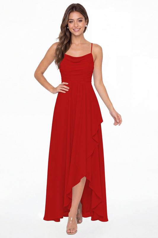 Red Cowl Neck Chiffon High Low Bridesmaid Dress - Front View