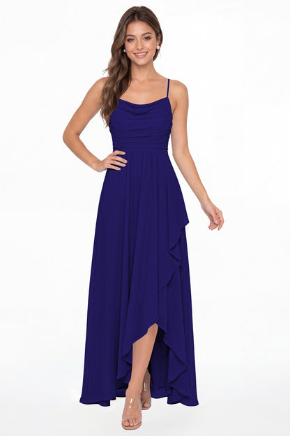 Royal Blue Cowl Neck Chiffon High Low Bridesmaid Dress - Front View