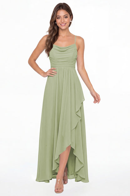 Sage Green Cowl Neck Chiffon High Low Bridesmaid Dress - Front View