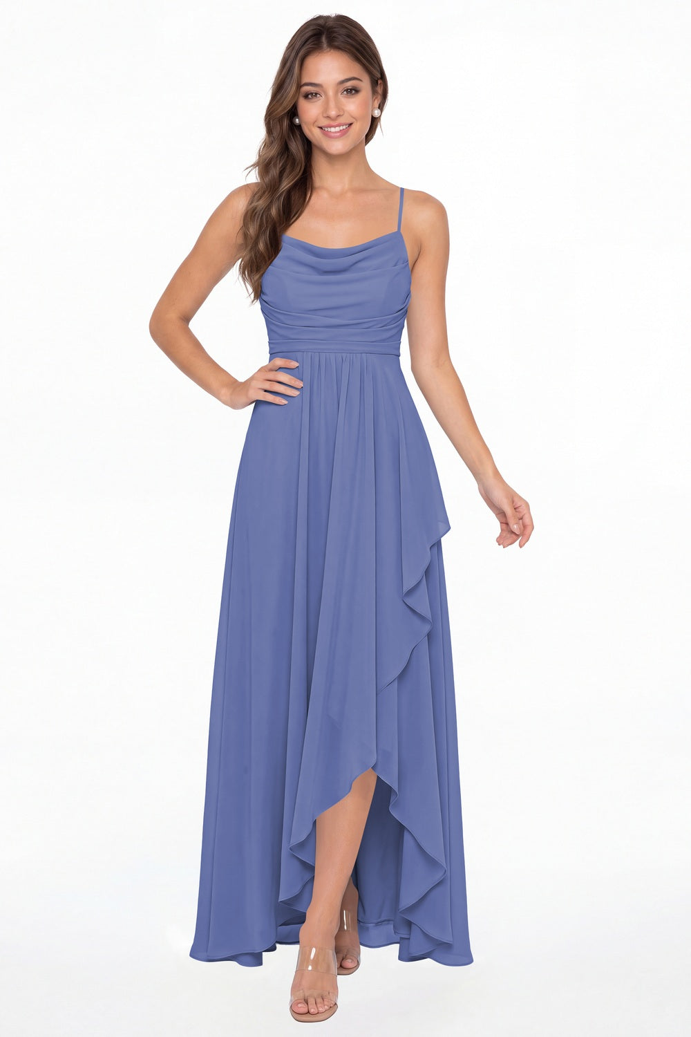 Steel Blue Cowl Neck Chiffon High Low Bridesmaid Dress - Front View